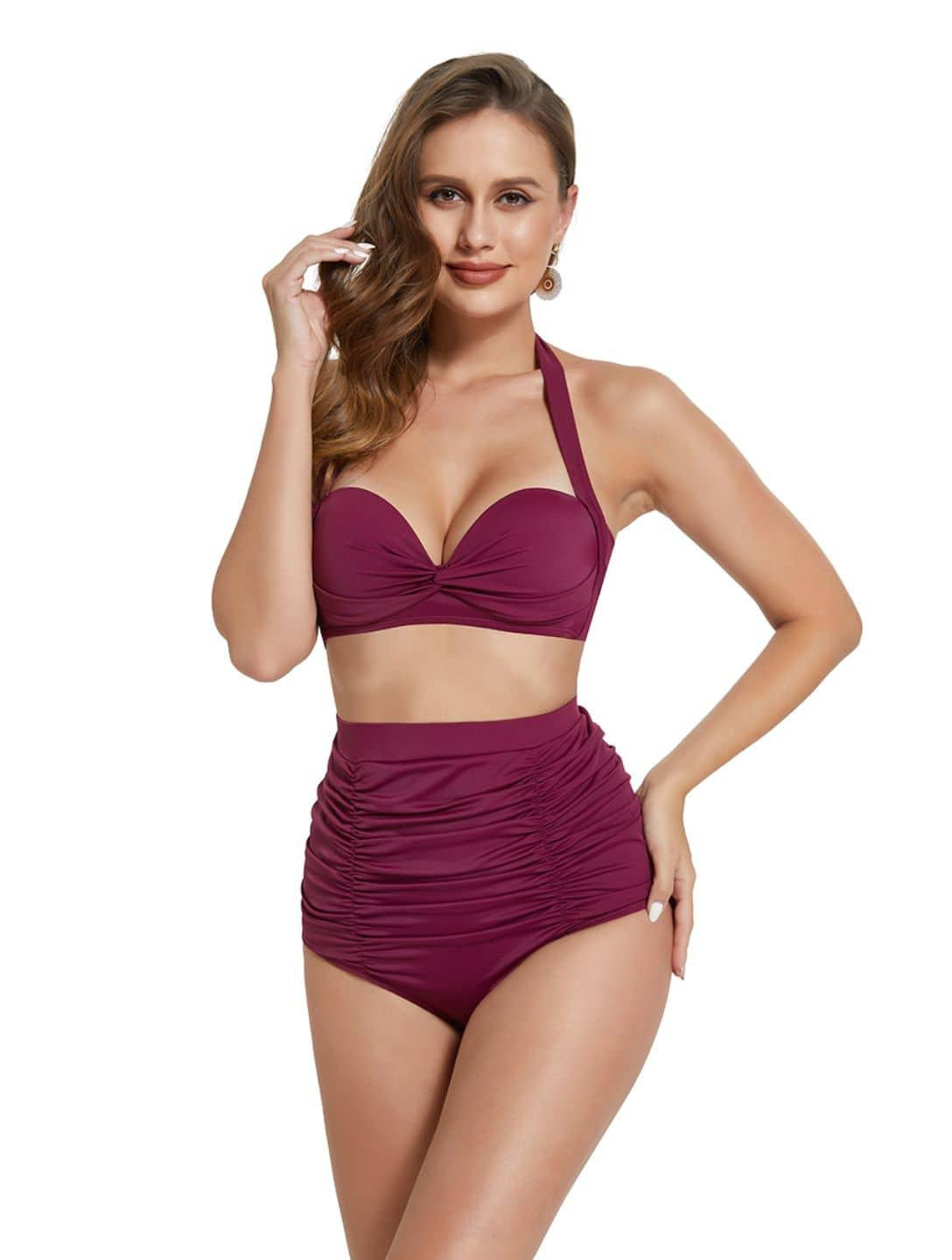 Hochtaillierter Shapewear Bikini in Weinrot mit Brustpolster